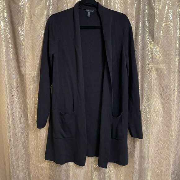 Eileen Fisher Black Open Front 100% Wool Cardigan Medium Flawed - Picture 1 of 8